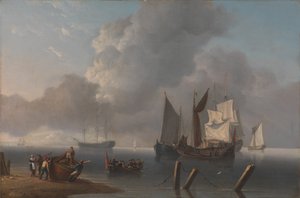 Warships Lying Offshore, the Commanding Admiral Being Rowed out to Join the Flagship, Her Sails Illuminated
